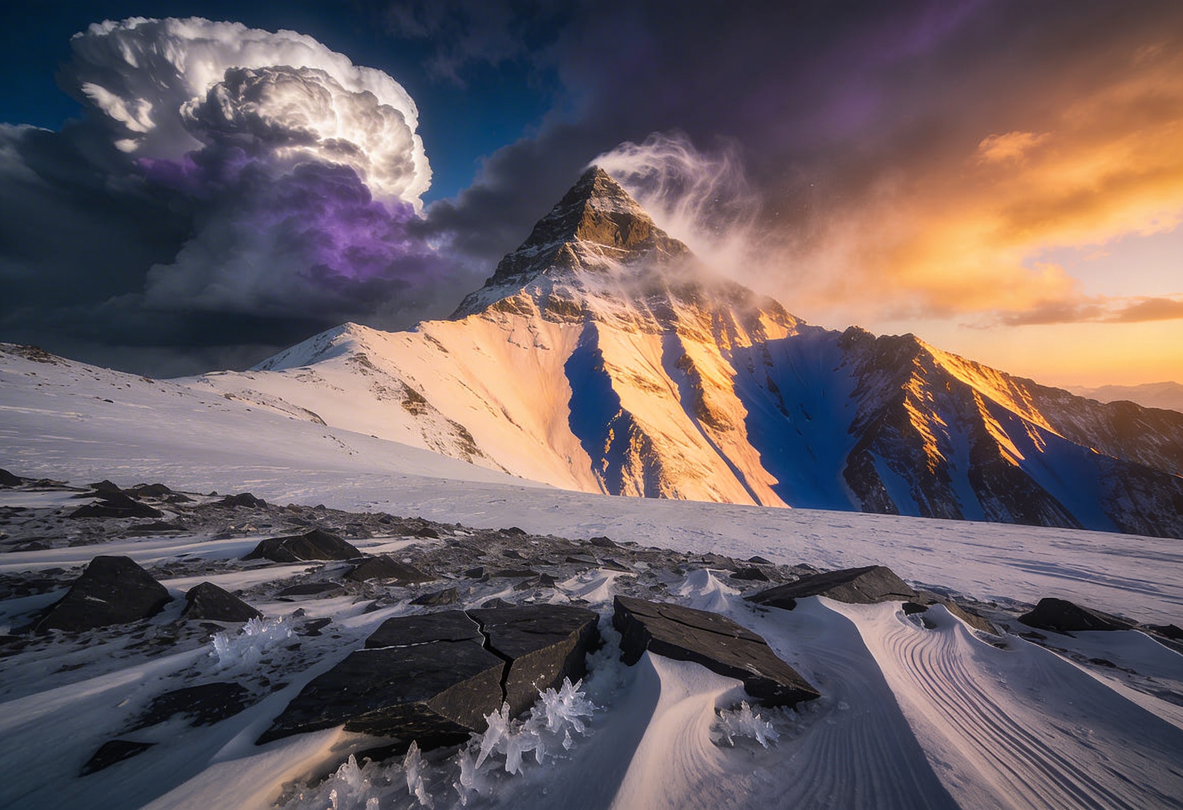 Güneşli bir günde kar örtülü sarp dağ zirvesi