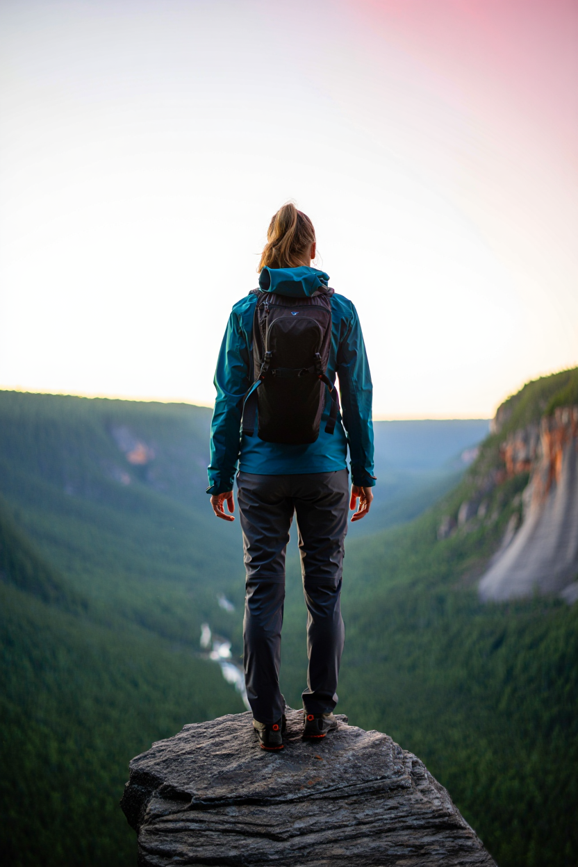 Kayalık sırtta duran dağcı engin vadi manzarasını seyrediyor